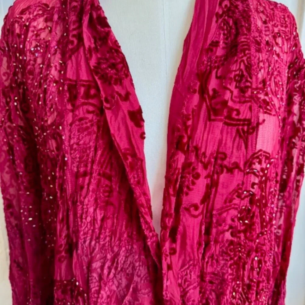 VINTAGE ROSE Stevie Nicks style Sheer Red Burnout Velvet Beaded KimonoCoat - Picture 4 of 9